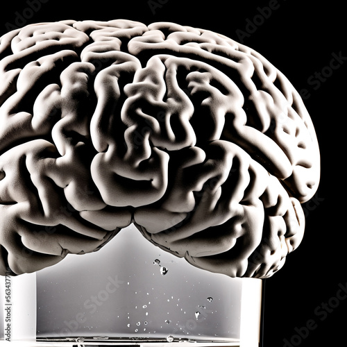 Brain On A Transparent Pedestal Dripping Water Against A Black Background As A Concept Metaphor For Brain Wash Produced By Using Generative AI