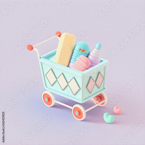 Cute & whimsical 3D shopping cart icon character perfect for e-commerce, retail projects, website icons, app buttons, marketing materials. Adorable cartoon-like design, cheerful colors, generative ai photo