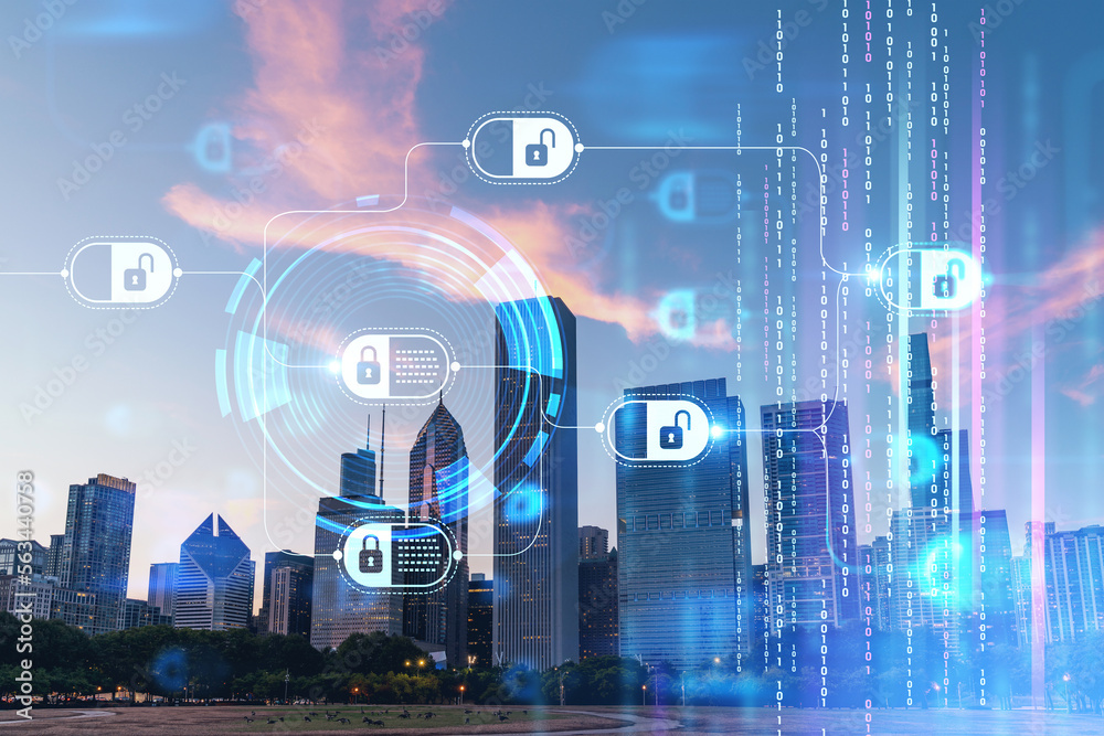 Obraz premium Chicago skyline from Butler Field to financial district skyscrapers at sunset, Illinois, USA. Parks and gardens. Decentralized economy. Blockchain, cryptography and cryptocurrency concept, hologram