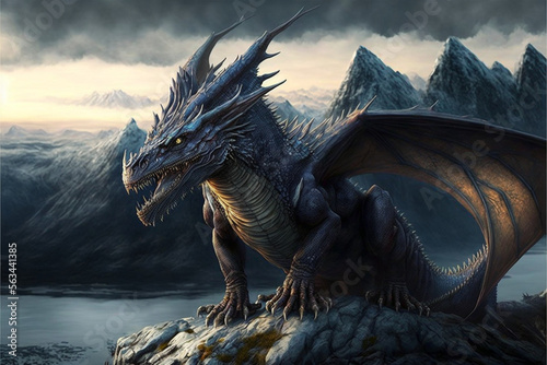 Realistic Dragon in Full-Body View in the Mountains