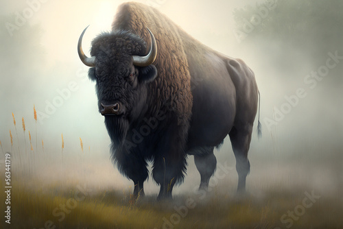 A large buffalo standing in a foggy field, Generative AI