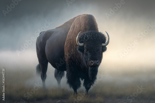 A large buffalo standing in a foggy field, Generative AI
