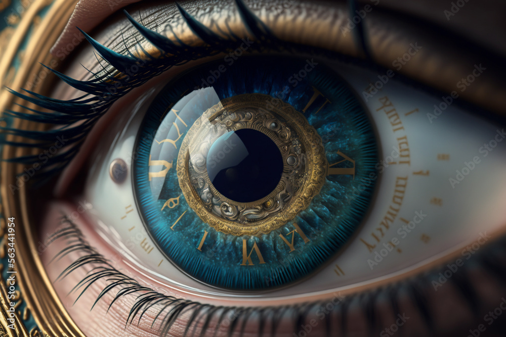 A close up of a person's eye with a clock in the iris, Generative AI