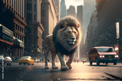 A lion crossing a busy city street, Generative AI