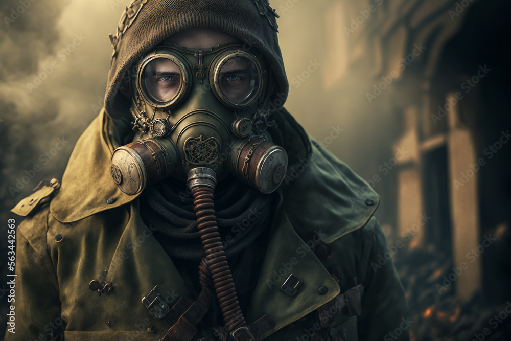A man wearing a gas mask and a jacket, Generative AI A man wearing a gas mask and a jacket, Generative AI