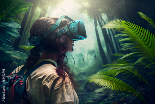 Woman wearing VR headset outside in the forest. Generative AI.