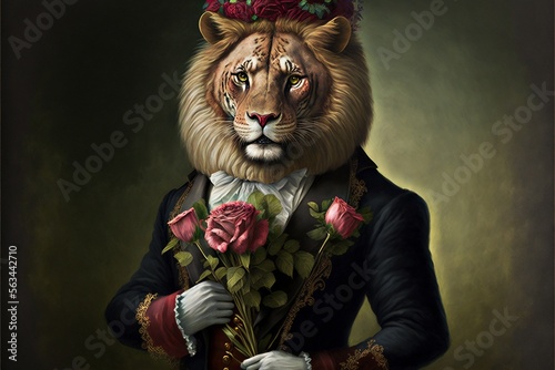 Lion holding a bouquette of roses wearing tuxido. Generative AI photo