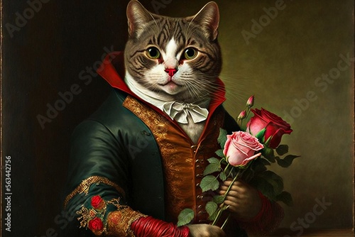 Cat with a bouquette of roses wearing tuxido. Generative AI photo