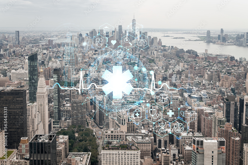 Aerial panoramic city view, Lower Manhattan, Midtown, Downtown, Financial district, West Side at day time, NYC, USA. Health care digital medicine hologram. Concept of treatment and disease prevention