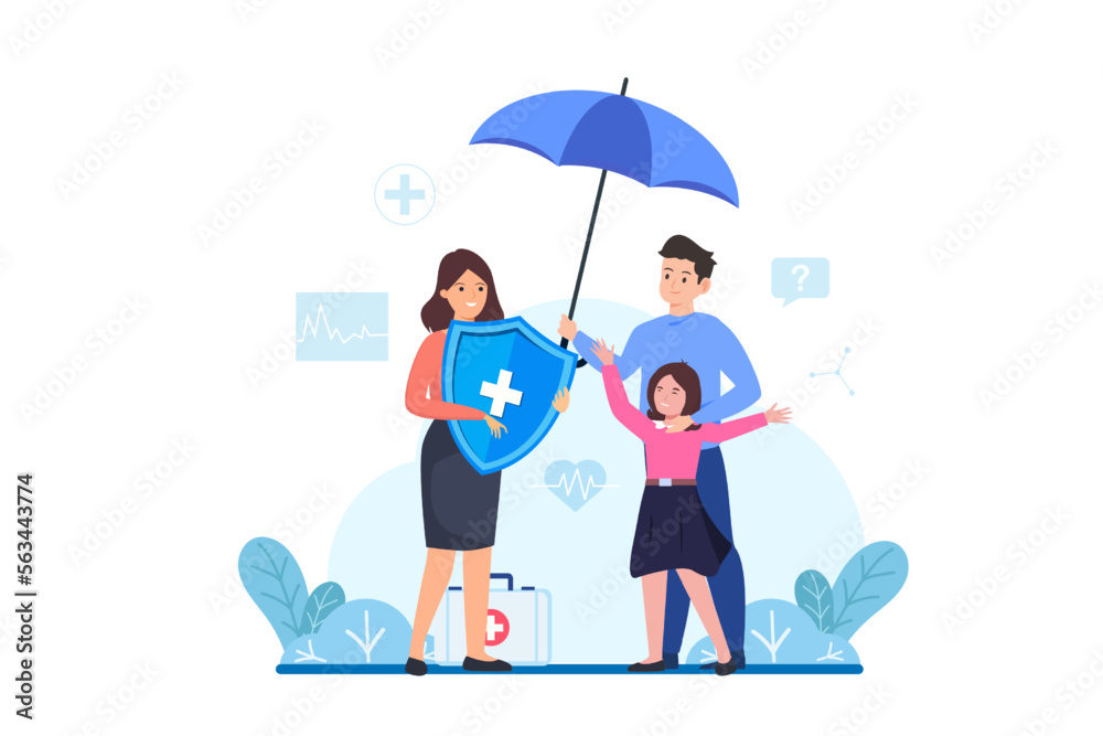 Family health care and life insurance concept. Group people and shield protection with umbrella. Vector illustration