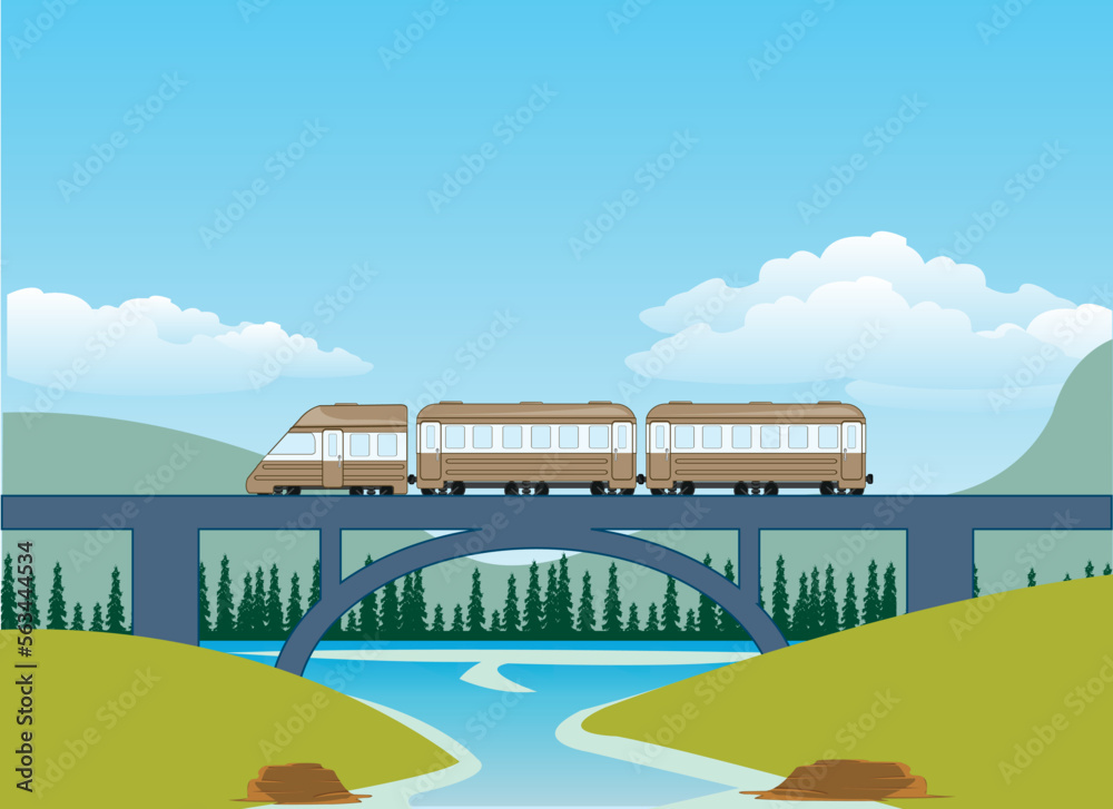 Bridge through river and moving train on him Bridge through river and moving train on him