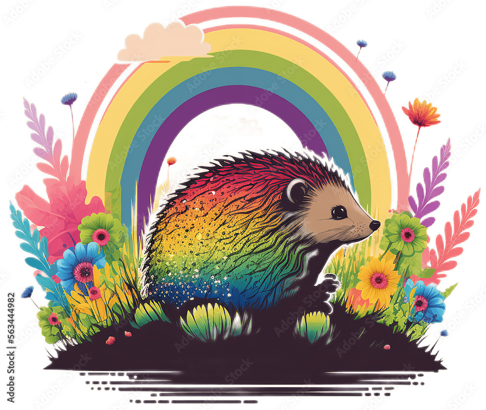Igel in der Natur mit Regenbogen