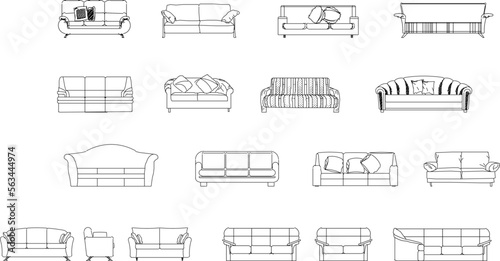front view vector sketch of black and white living room sofa