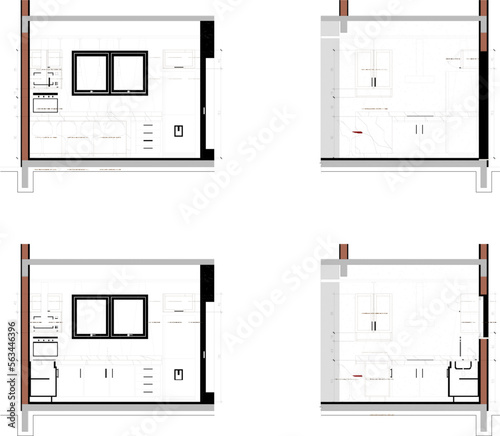 set of vector sketches of modern minimalist kitchen interior design illustrations