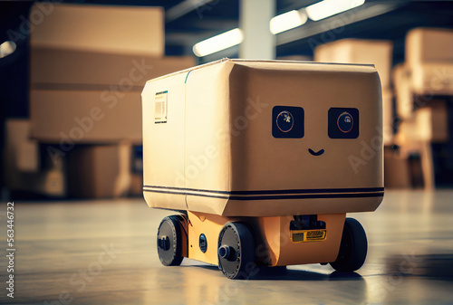 Robot AGV transporting cardboard box in warehouse background. Technology innovation and delivery concept. Generative AI