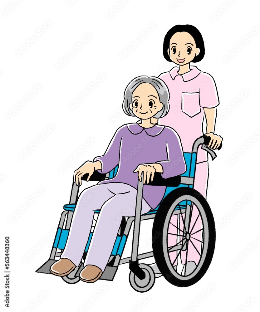 車いすに乗る高齢者と介護士のイラスト（女性ヘルパーと女性患者、左向き）
