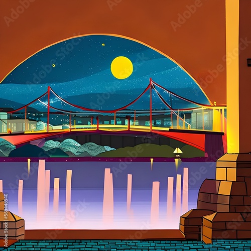 A cityscape at night with a bridge and a full moon2, Generative AI photo