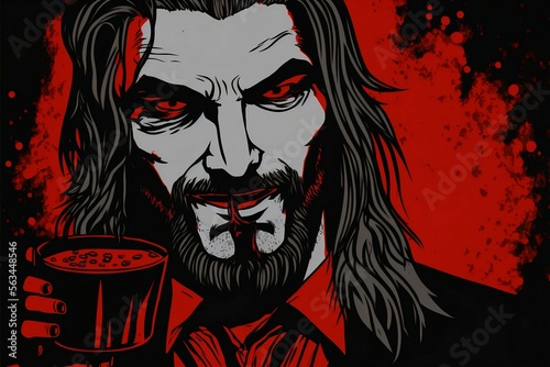 Dracula holding a glass full of fresh blood.