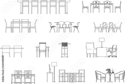 set of vector sketch illustration of black and white dining room table front view