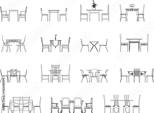 set of furniture icons  vector sketch illustration of black and white dining room table front view