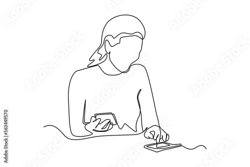 Continuous one line drawing happy woman calculating utilities expense with calculator and analyzing her spendings. Budget planner concept. Single line draw design vector graphic illustration.