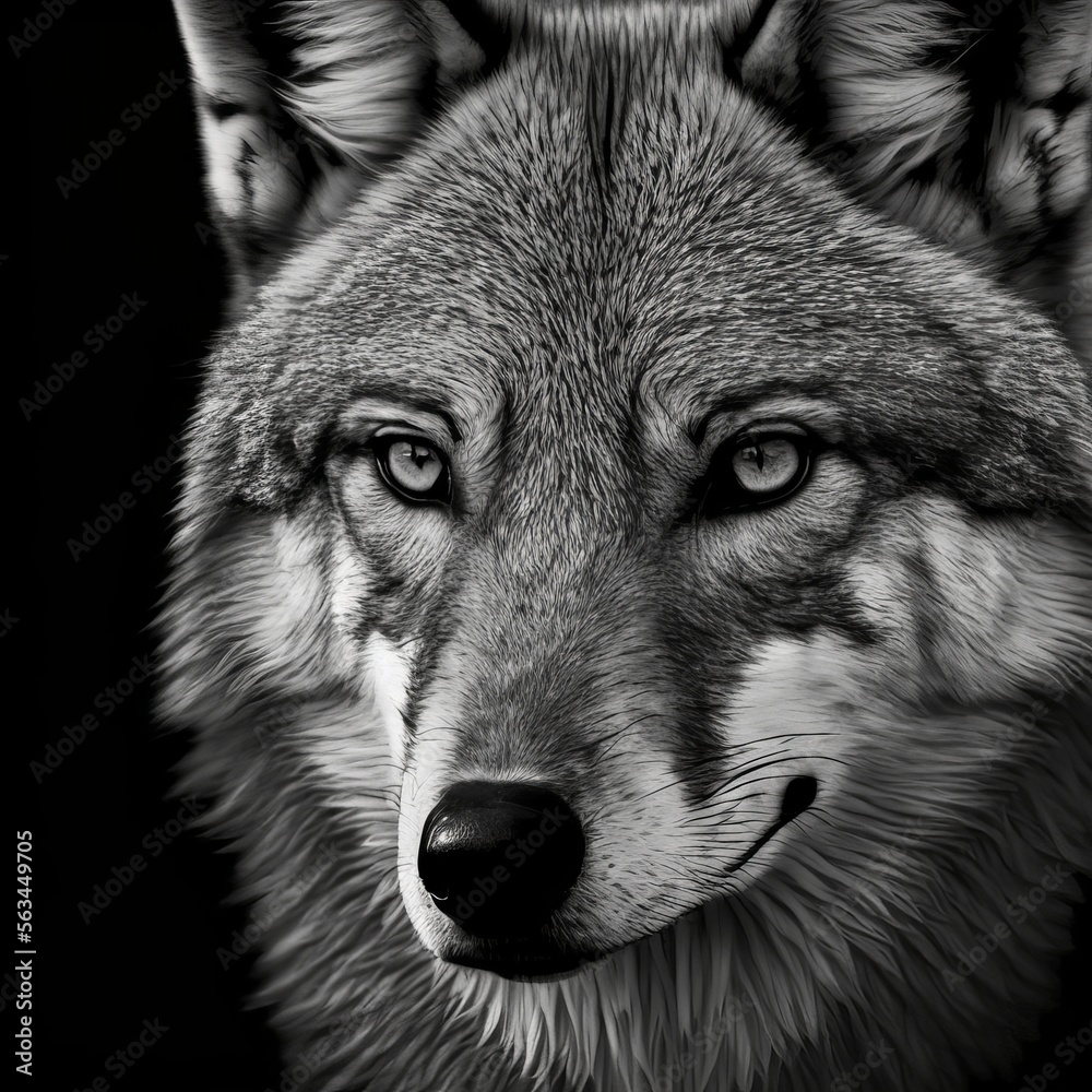 Close-up of a wolf's face in black and white high contrast (generative AI) Close-up of a wolf's face in black and white high contrast (generative AI)