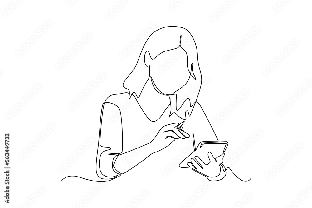 Fototapeta premium Continuous one line drawing happy woman calculating utilities expense with calculator and analyzing her spendings. Budget planner concept. Single line draw design vector graphic illustration.
