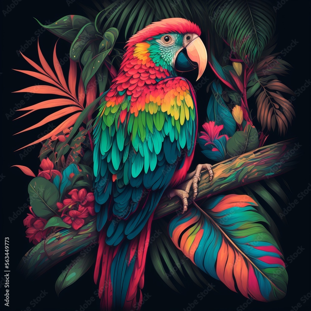 Obraz premium Colorful parrot in tropical hand-drawn style jungle (generative AI)