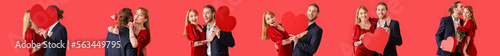 Set of happy couples on red...