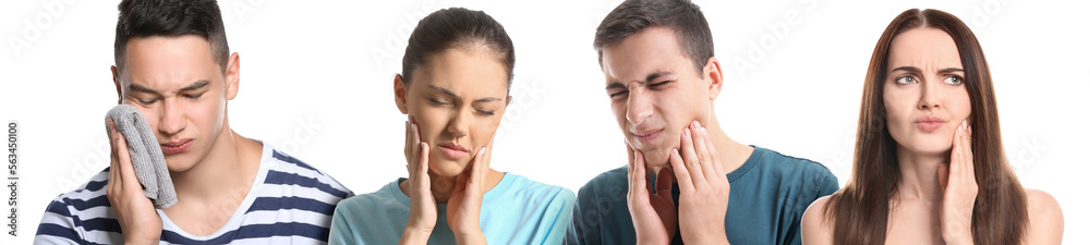 Collage with many people having toothache on white background Collage with many people having toothache on white background