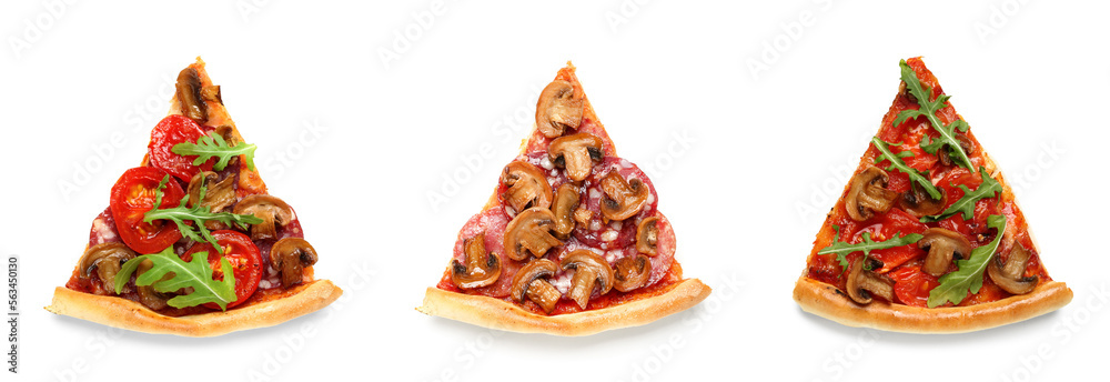 Slices of different pizzas on white background Slices of different pizzas on white background
