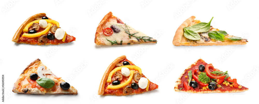 Many slices of different pizzas on white background Many slices of different pizzas on white background
