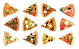 Many slices of different pizzas on white background, top view