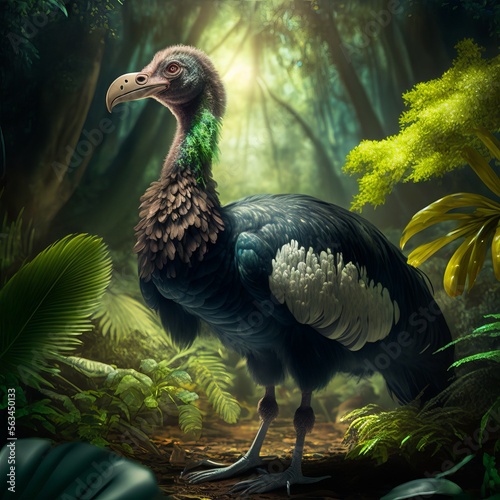 Realistic Detailed Dodo Bird Animal in Lush Tropical Forest Habitat with Vibrant Foliage and Wildlife, Wild Nature Wildlife Art (generative AI)