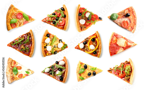 Many slices of different pizzas on white background, top view