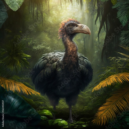 Realistic Detailed Dodo Bird Animal in Lush Tropical Forest Habitat with Vibrant Foliage and Wildlife, Wild Nature Wildlife Art (generative AI)