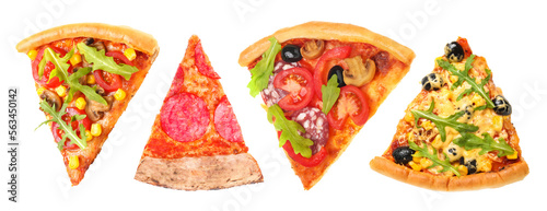 Slices of different pizzas on white background