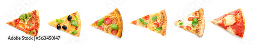 Many slices of different pizzas on white background