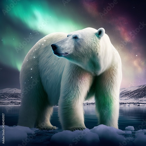 Realistic polar bear in Arctic with aurora  generative AI 