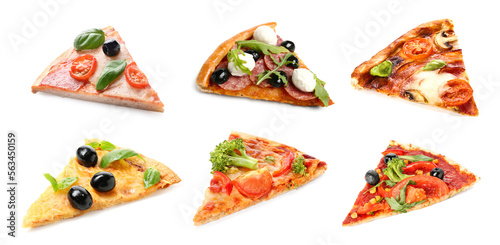 Many slices of different pizzas isolated on white