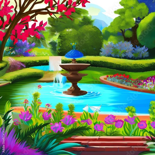 A beautiful garden with a fountain and a peacock1, Generative AI photo