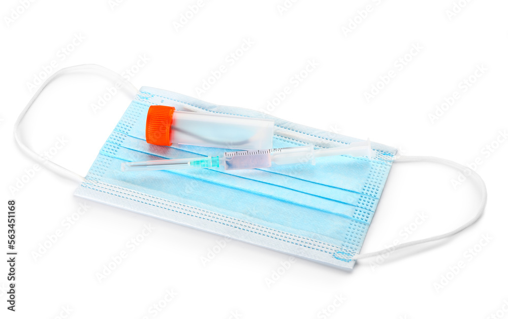 Medical syringe, bottle and mask on white background Medical syringe, bottle and mask on white background