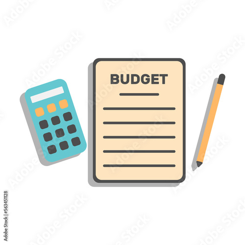 Budget planning cartoon illustration with document objects, calculator and pen