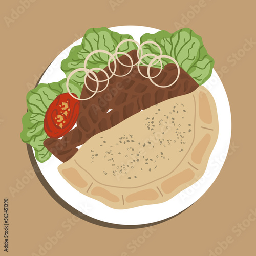 Traditional deep fried cevapcici meat patties seasoned with paprika served with savory rice and onion on an oval plate. Food illustration, Food Cartoon.