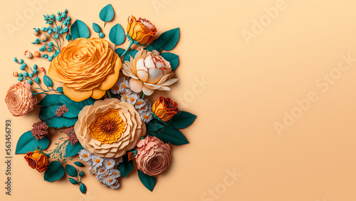 Spring Flowers Bouquet on Pastel Orange Background, Spring Flowers, Social Media Banner, Isolated, Copy Space for Text, Generative AI