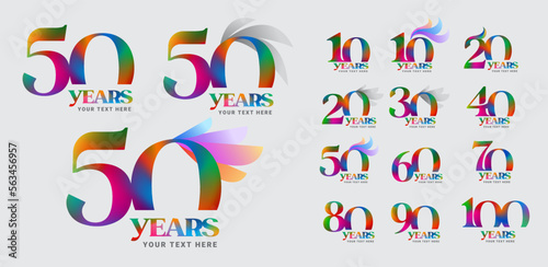 Set of colorful 10 to 100th Anniversary logotype design