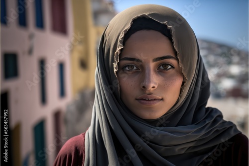 young Arab woman posing in middle eastern city. This image was created with generative AI