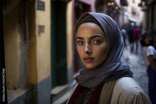 young Arab woman posing in middle eastern city. This image was created with generative AI
