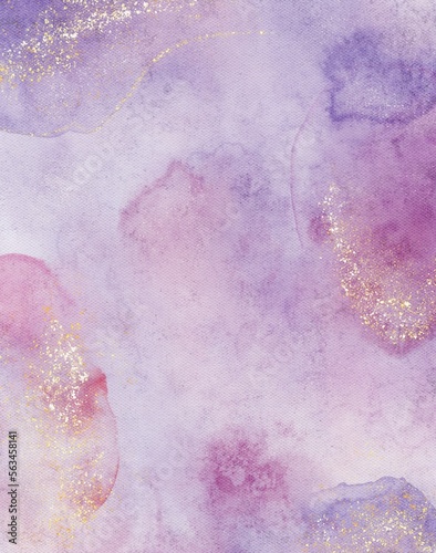 Violet watercolor background with gold glitter texture, Modern art painting watercolor  splash and stains in elegant purple