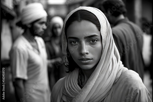 young Arab woman posing in middle eastern city in 1955.. monochromatic vintage. This image was created with generative AI 
